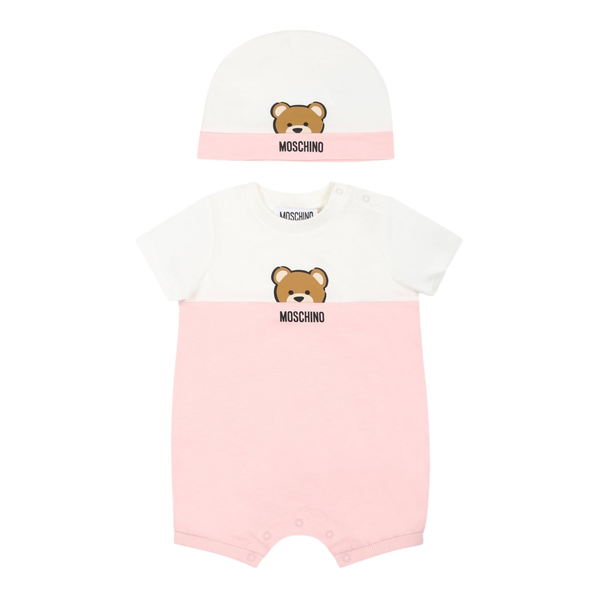 Moschino Set Pagliaccetto-Cappello Bicolore per Neonata MUY07EX BIANCO/ROSA MOSCHINO 