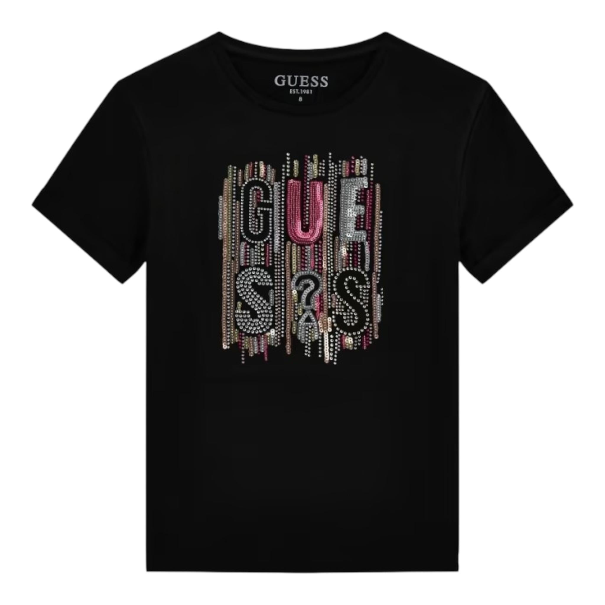 Guess T-Shirt Girocollo Tinta Unita con Paillettes per Bambina J5RI19KAPO0 NERO GUESS 
