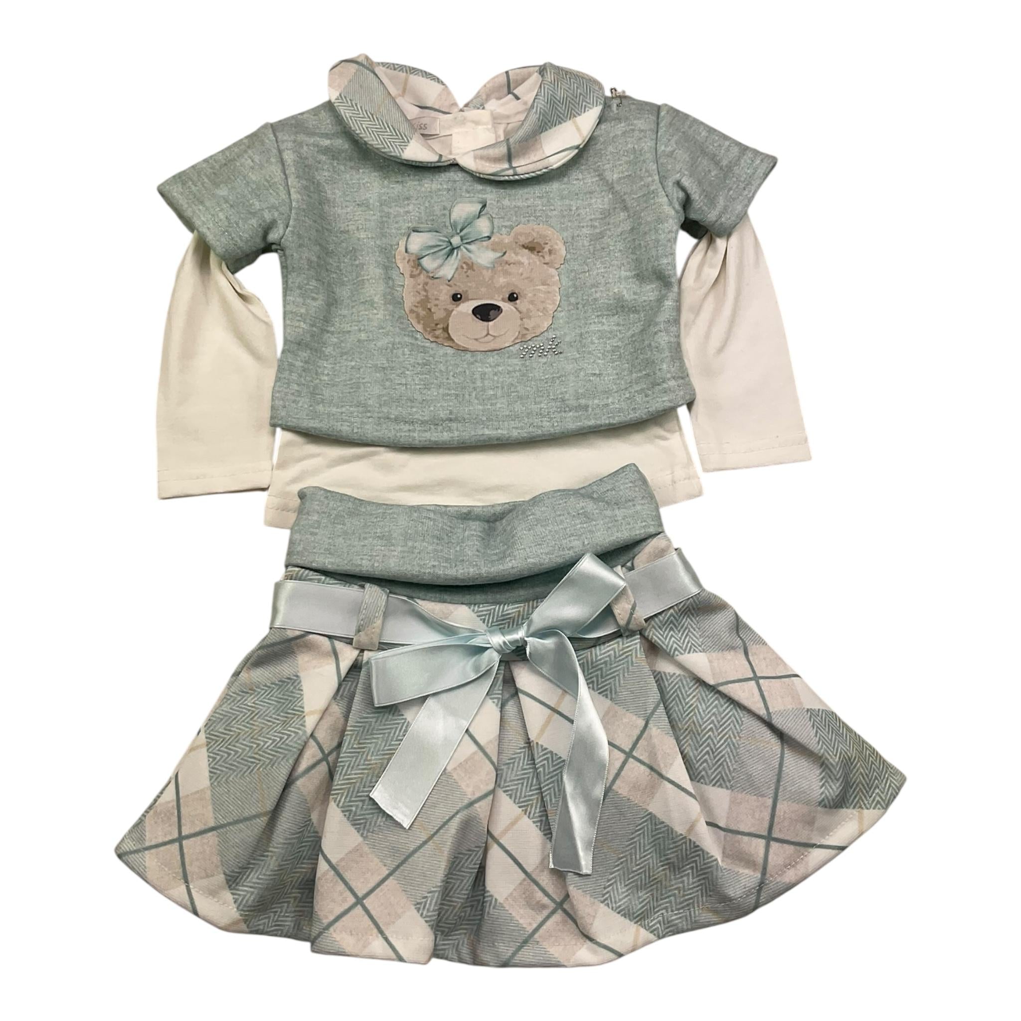 MINI KISS completo 3 pezzi t-shirt-shirt-gonna Verde acqua per Neonata 4605 VERDE ACQUA MINI KISS 