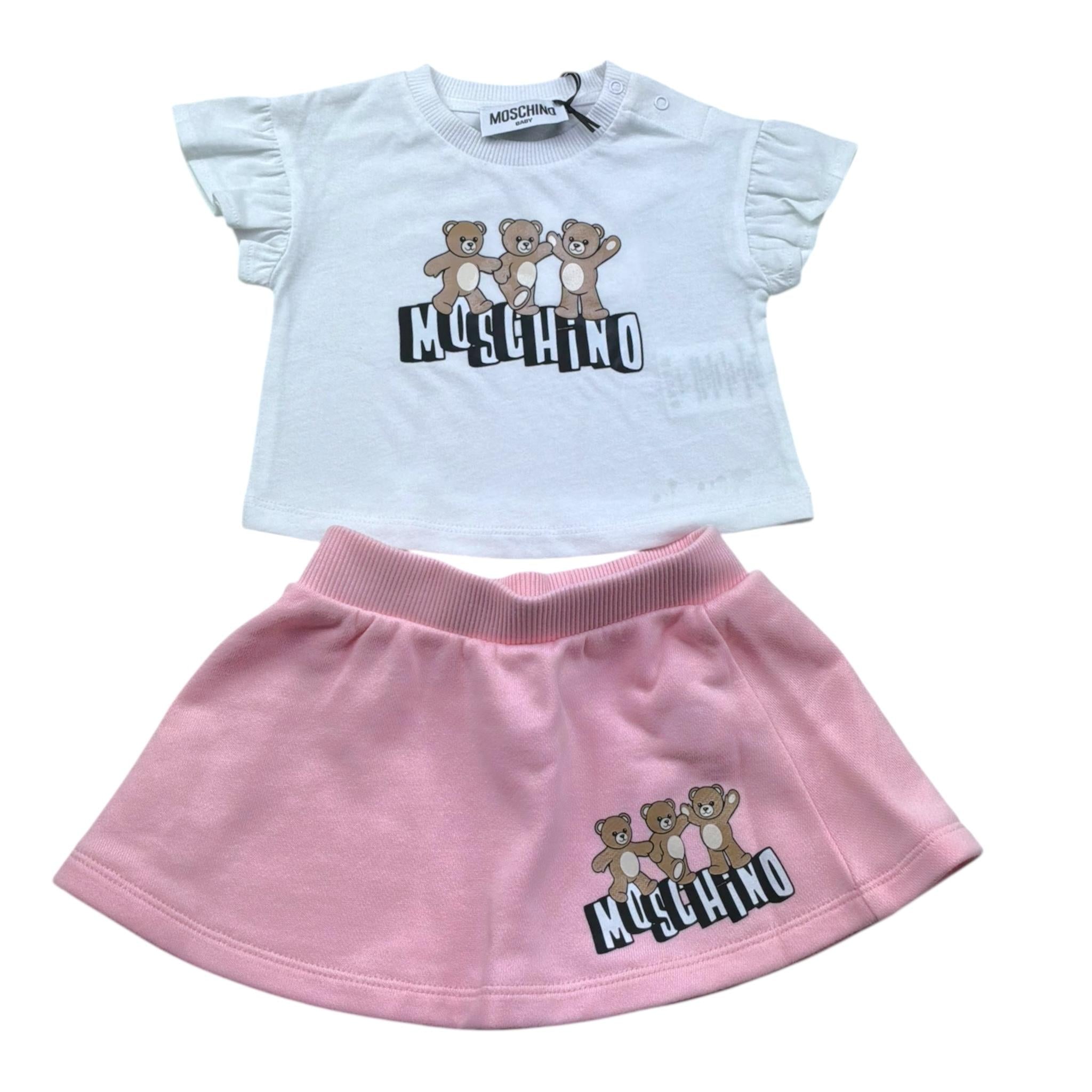 Moschino Completo 2 P T-Shirt Girocollo Tinta Unita con Stampa-Gonna per Neonata MBG01GG BIANCO MOSCHINO 