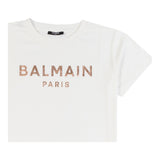 Balmain T-Shirt Girocollo Tinta Unita Con Stampa In Contrasto Panna Per Bambina