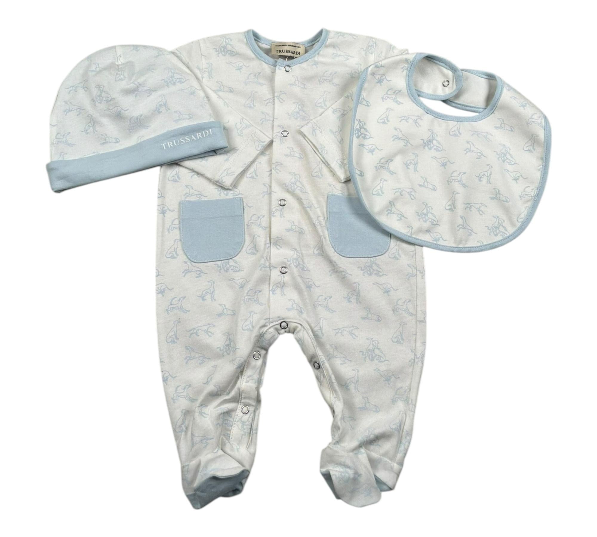 Trussardi Set 3 Pezzi Tutina-Cappello-Bvetta per Neonata TLP26003TUA BIANCO/AZZURRO TRUSSARDI 