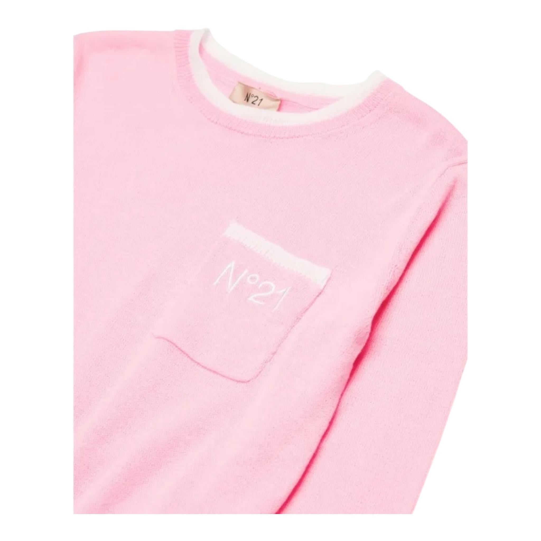 N°21 Maglia Girocollo Tinta Unita con Stampa per Bambina N2101W ROSA N°21 