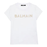 Balmain T-Shirt Girocollo Tinta Unita Con Stampa Brillantinata Bianco Per Bambina