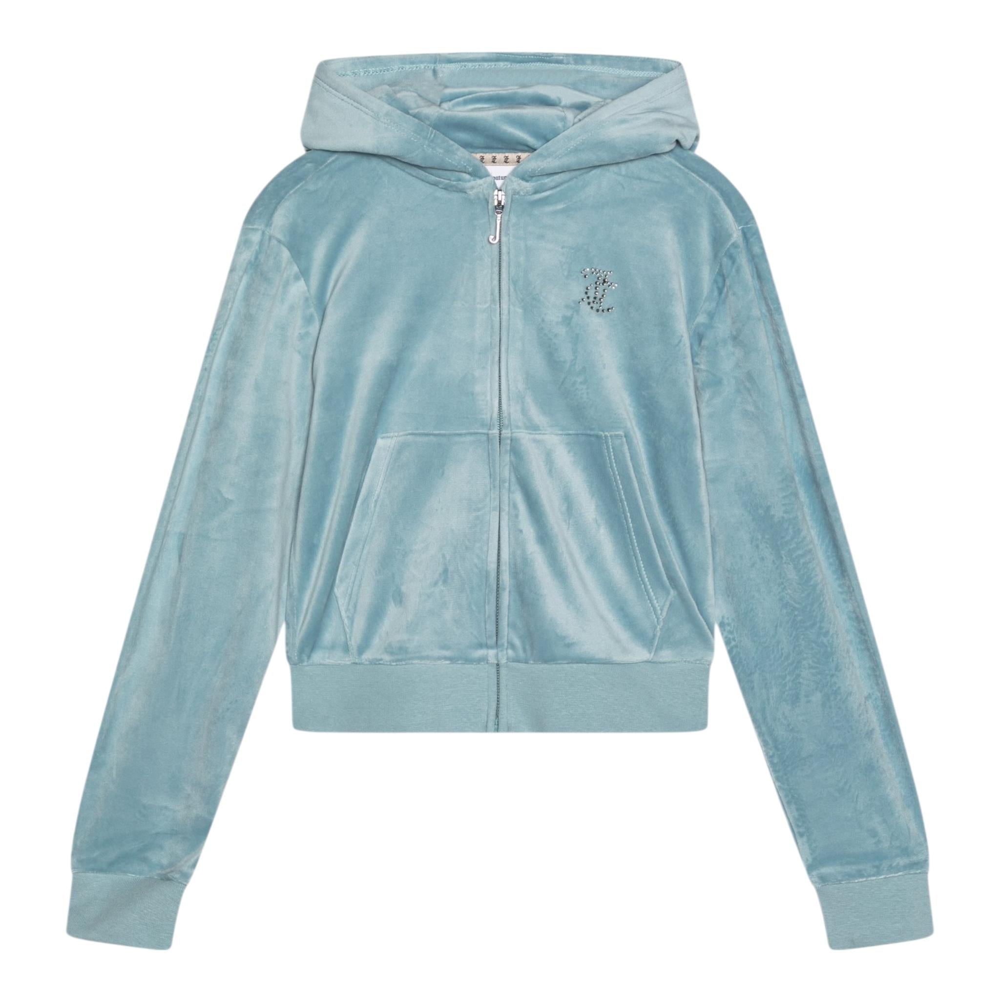 Juicy Couture Felpa Tinta Unita In Velluto con Zip E Cappuccio per Bambina JBX6489 VERDE ACQUA JUICY COUTURE 