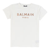 Balmain T-Shirt Girocollo Tinta Unita Con Stampa In Contrasto Panna Per Bambina