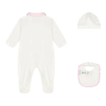 Monnalisa Set Tutina-Cappello-Bavetta Tinta Unita con Stampa per Neonata 35D506 BIANCO MONNALISA 