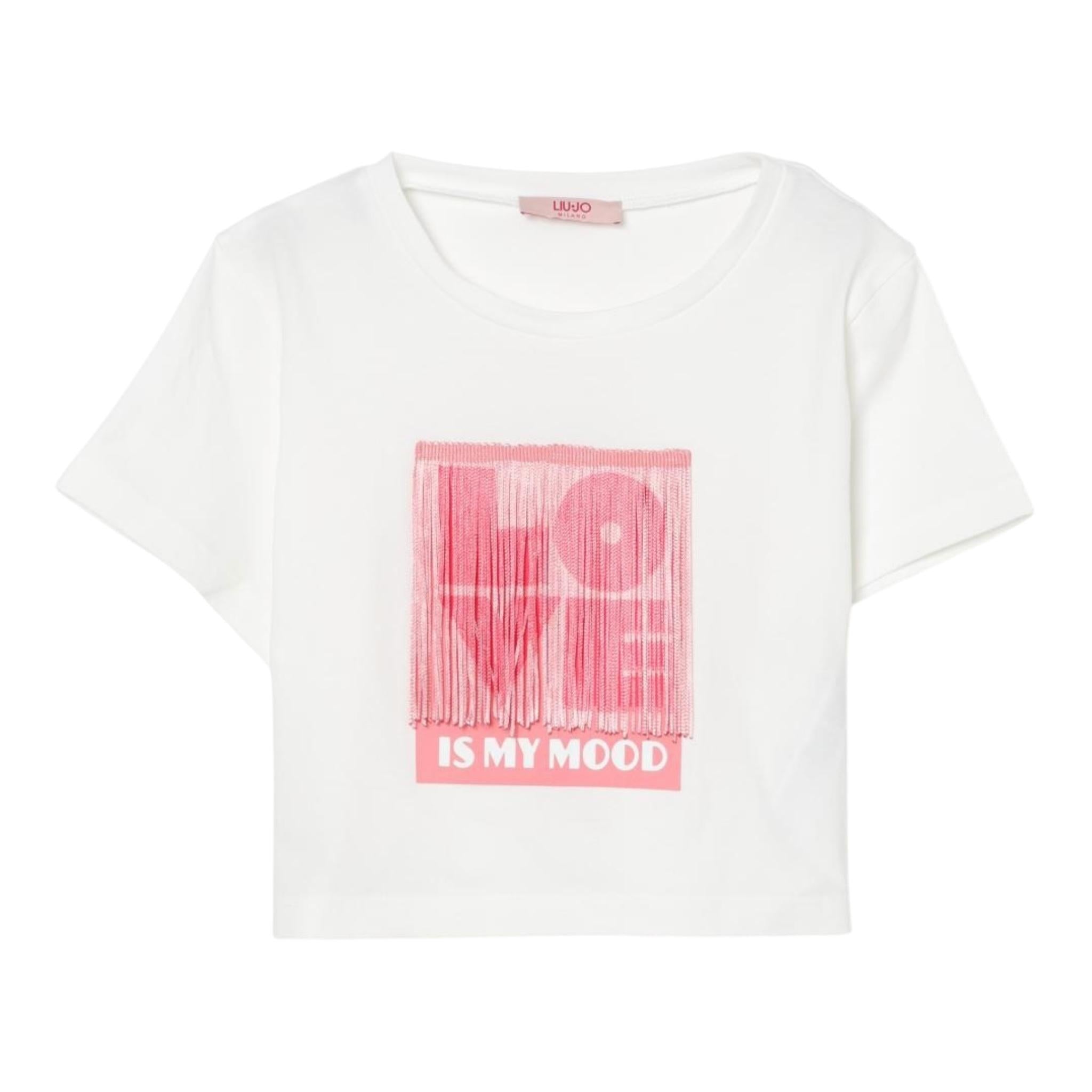 Liu Jo T-Shirt Girocollo Tinta Unita con Stampa E Frange per Bambina GA5192 BIANCO LIU JO 