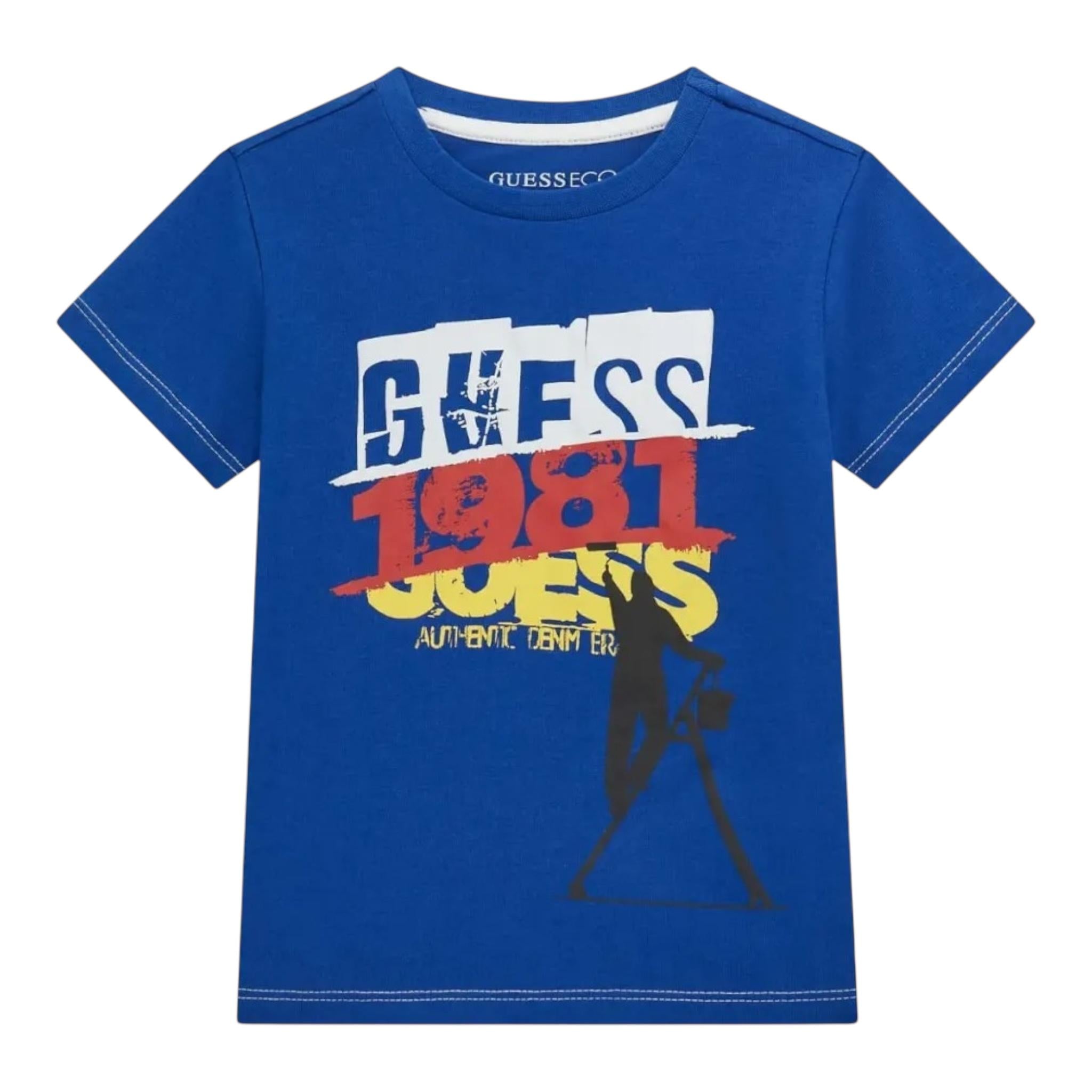 Guess T-Shirt Girocollo Tinta Unita con Stampa per Bambino N5RI02K8HM4 BLU GUESS 