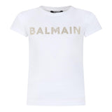 Balmain T-Shirt Girocollo Tinta Unita Con Stampa Brillantinata Bianco Per Bambina