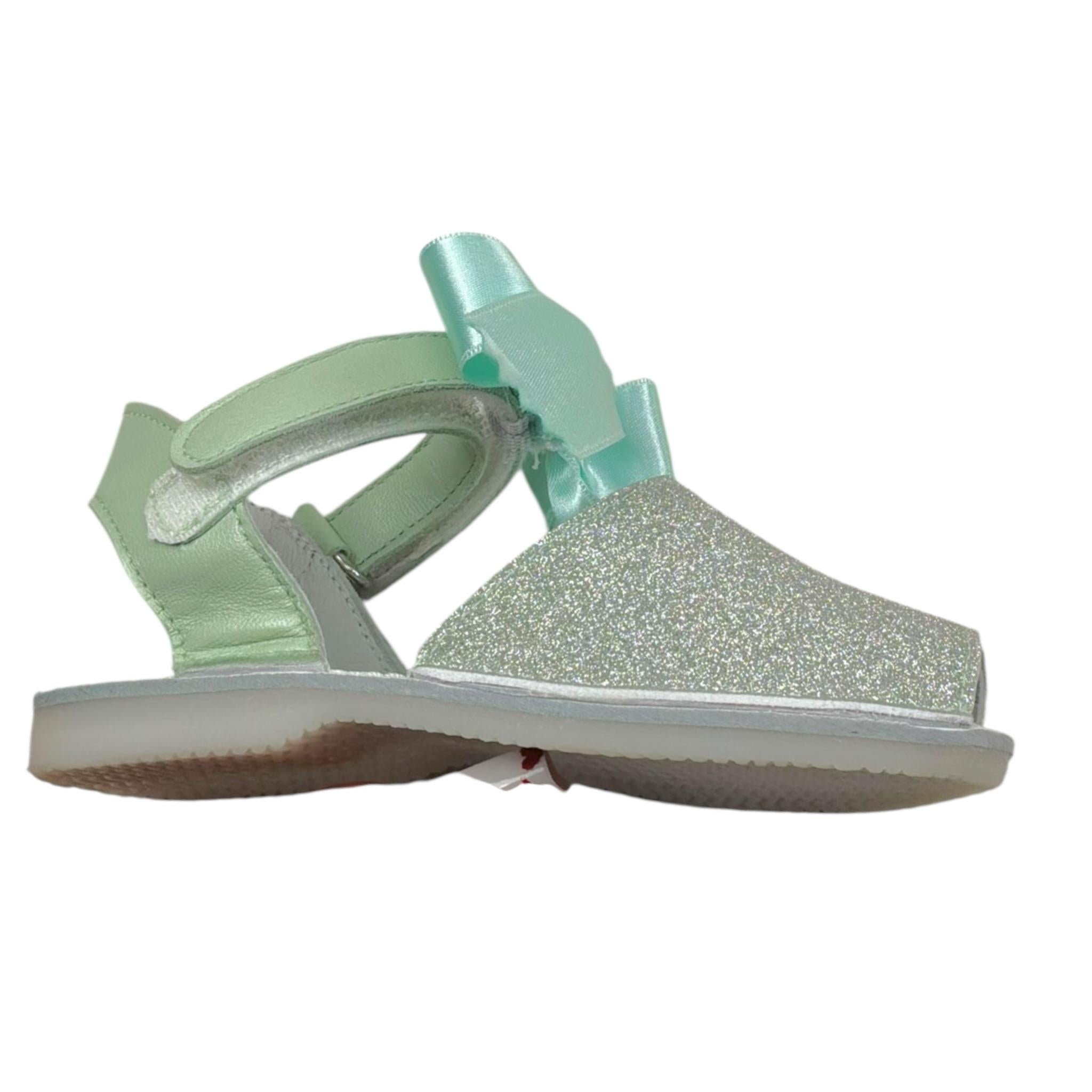 Indice Sandalo Tinta Unita con Brillantini E Fiocco per Neonata 318 ARGENTO/VERDE INDICE 