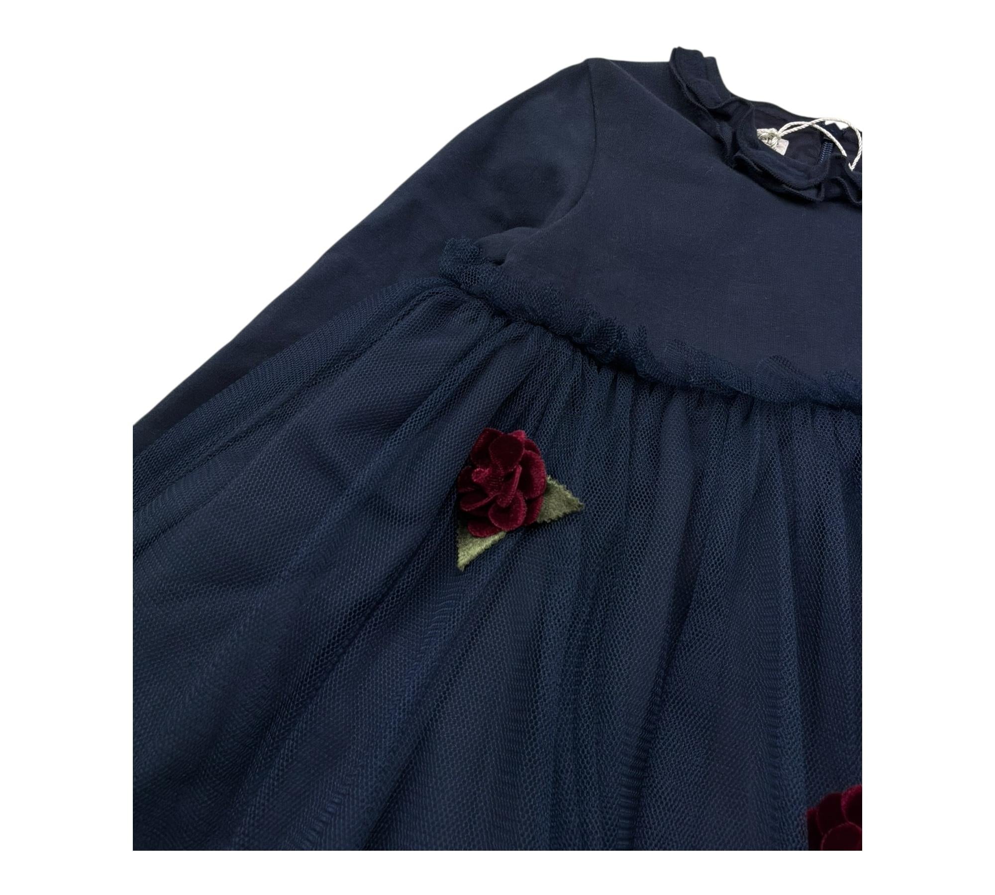 Le Bebe Abito Manica Lunga Tinta Unita con Tulle per Bambina LBG1122J BLU LE BEBE 