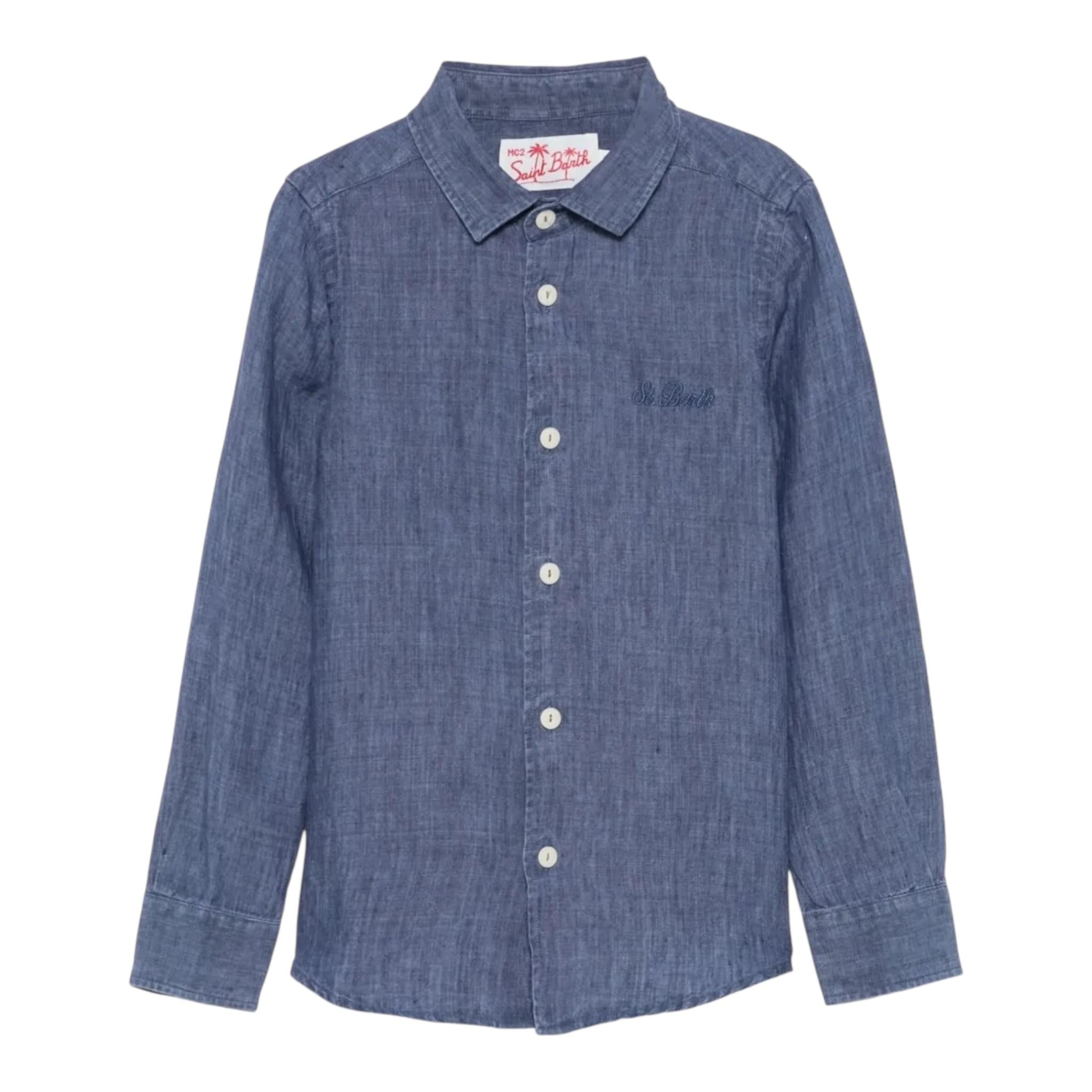 Saint Barth Camicia Tinta Unita con Logo per Bambino LINENDENIM BLU SAINT BARTH 