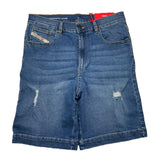 Diesel Bermuda In Denim Tinta Unita Con Girovita Regolabile E Strappi Blu Per Bambino