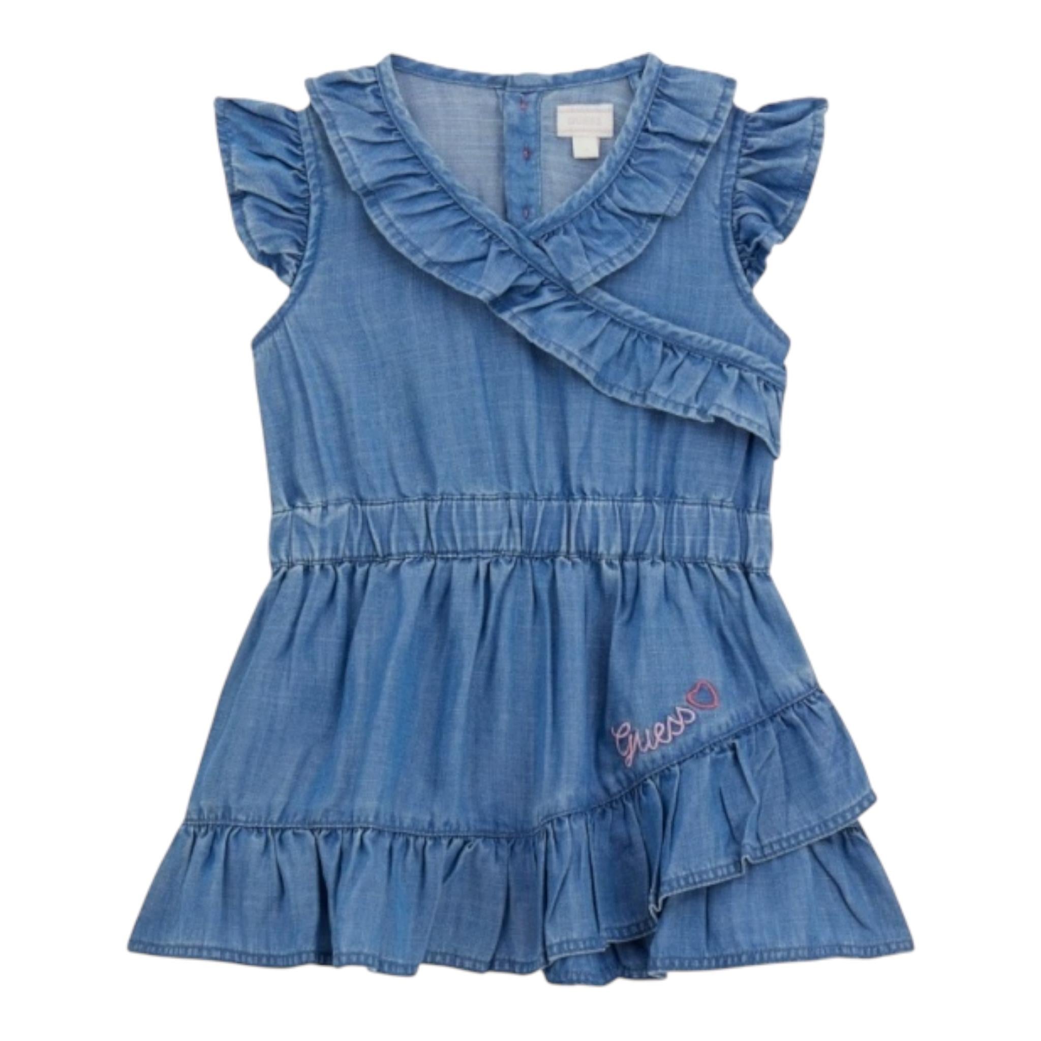 Guess Abito In Denim Tinta Unita Giromanica con Balze per Bambina K5GK27D3X30J BLU GUESS 