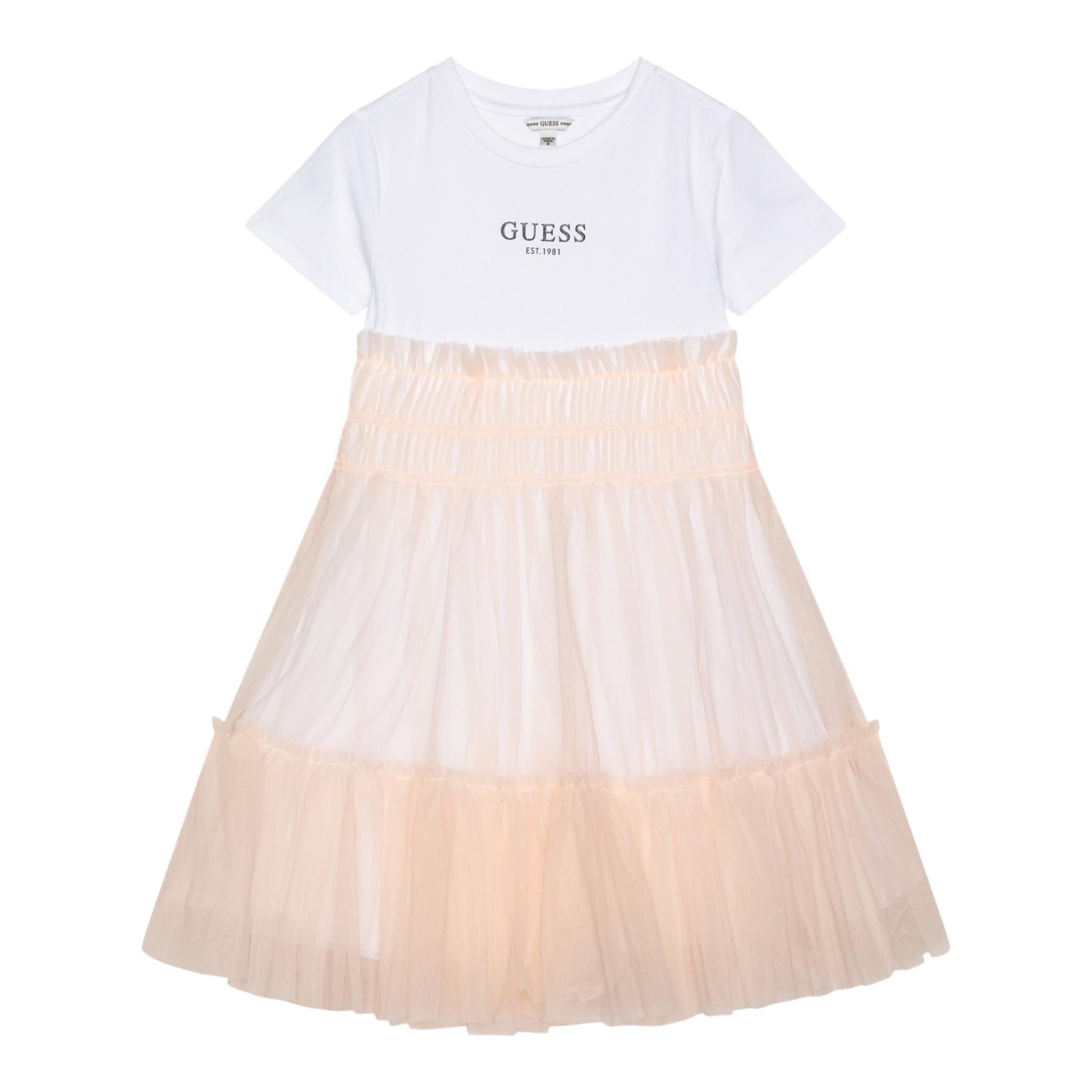 Guess Abito Mezza Manica Tinta Unita con Gonna Tulle per Bambina J5RK18K6YW0 BIANCO/ROSA GUESS 