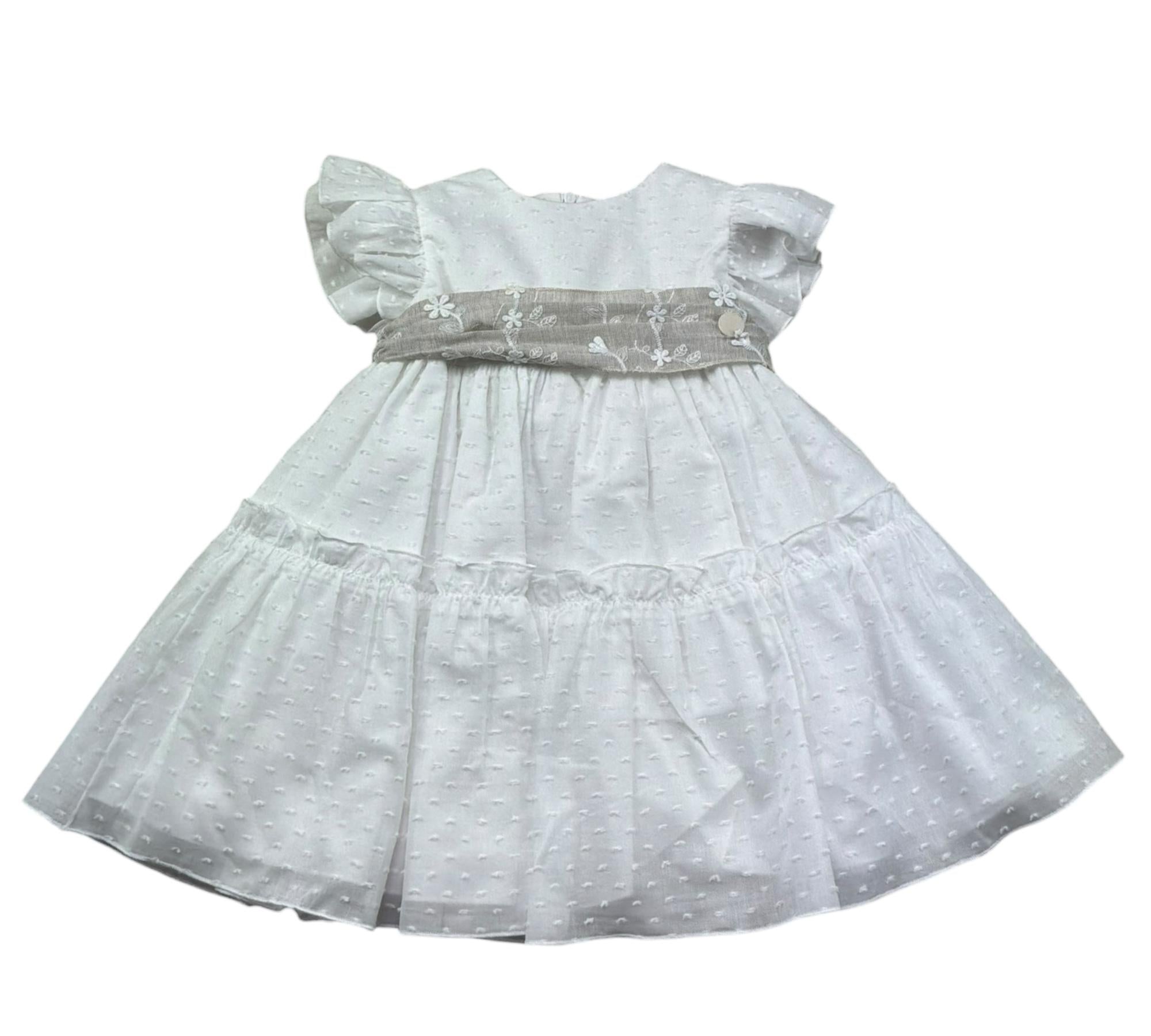 Le Bebe Abito Mezza Manica Cerimoniale Tinta Unita con Cinturino per Neonata LBG6375 BIANCO LE BEBE 