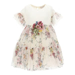 Monnalisa Abito Tinta Unita con Fantasia Fiori E Tulle per Bambina 110903 AVORIO MONNALISA 