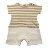 Petit Indi Pagliaccetto Mezza Manica Bicolore Con Fantasia A Righe Bianco/Beige Per Neonato