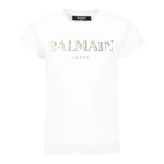 Balmain T-Shirt Girocollo Tinta Unita con Logo per Bambina BW8A911X BIANCO BALMAIN 