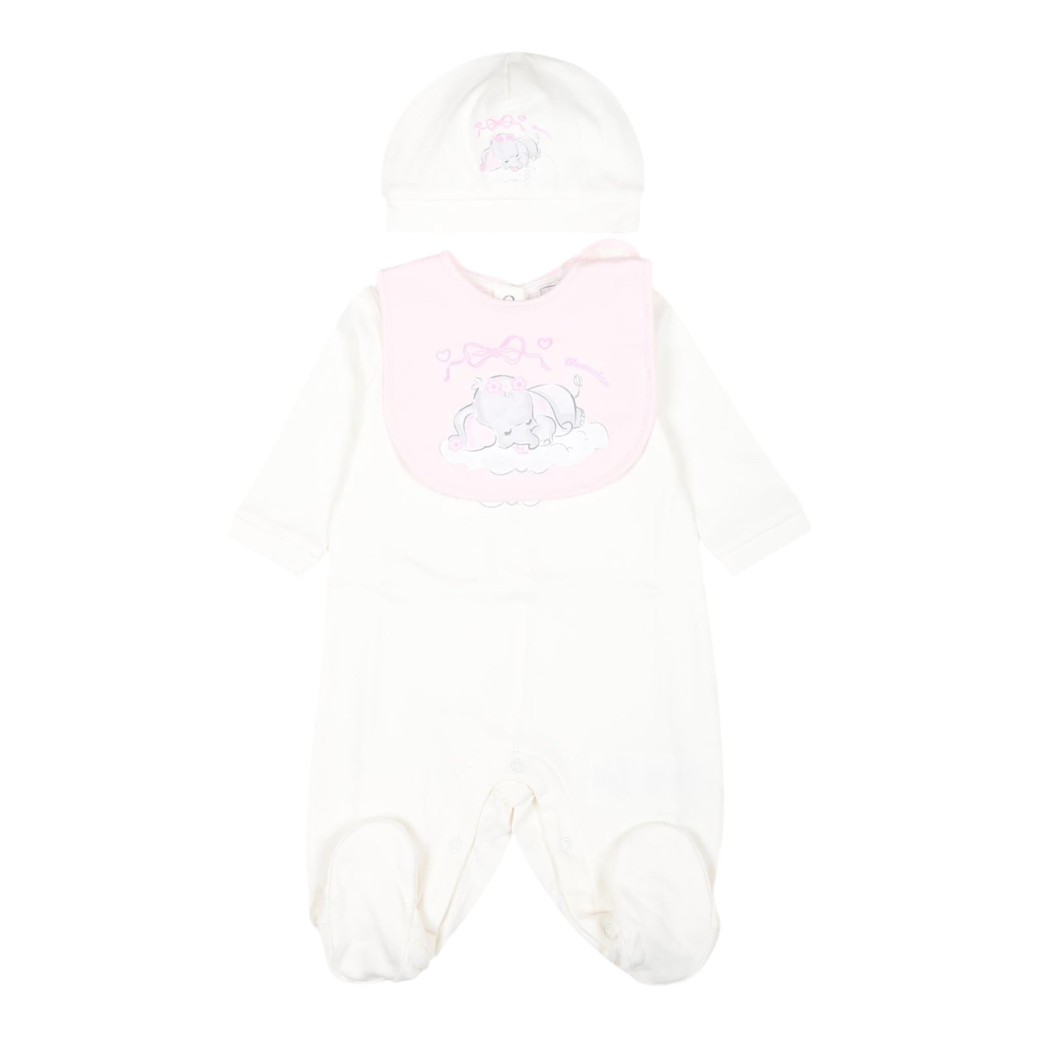 MONNALISA set tutina tinta unita con stampa-cappello-bavetta Bianco per Neonata 35D500 BIANCO MONNALISA 