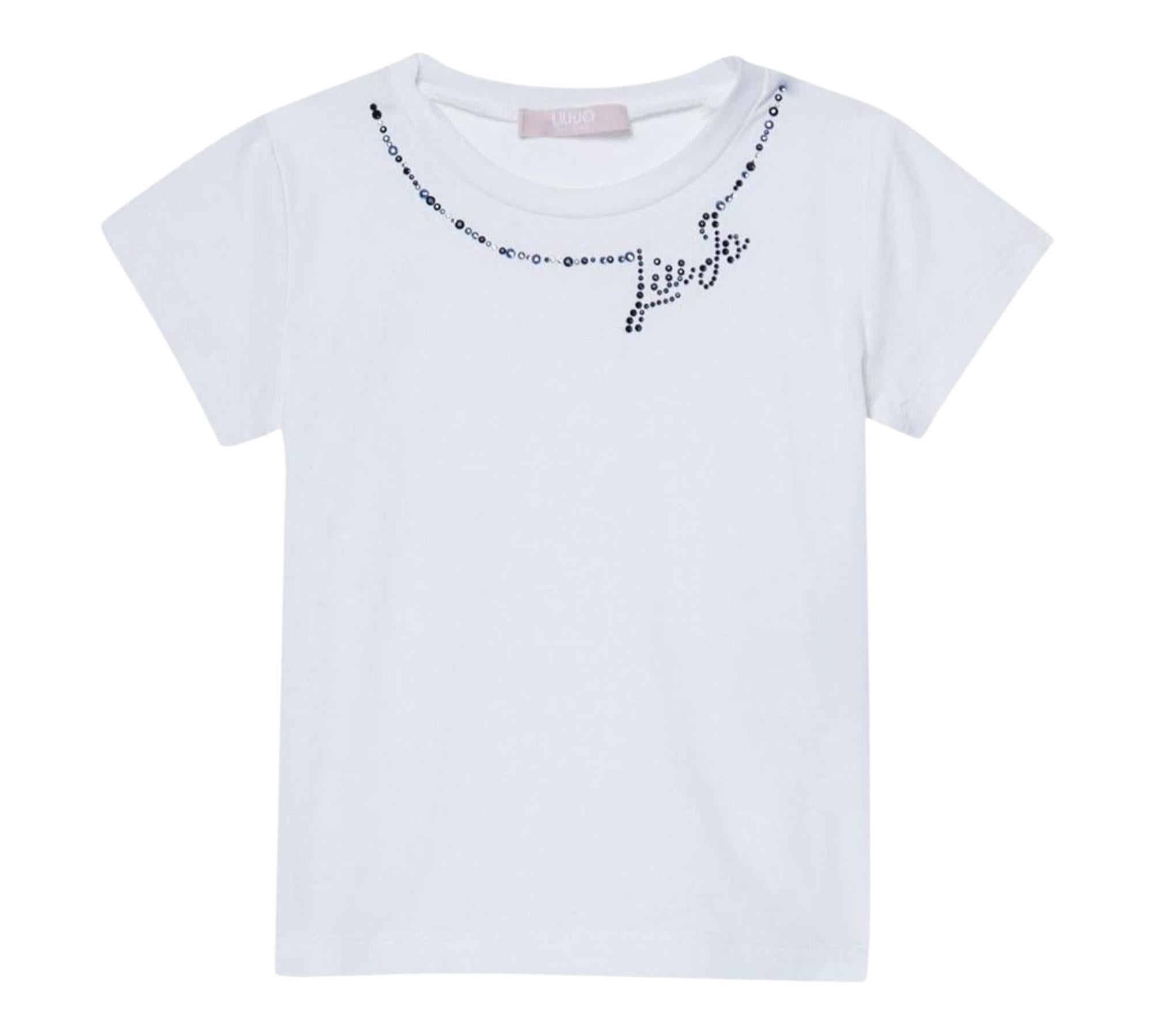 Liu Jo T-Shirt Girocollo Tinta Unita con Brillantini per Bambina KA5040 BIANCO LIU JO 