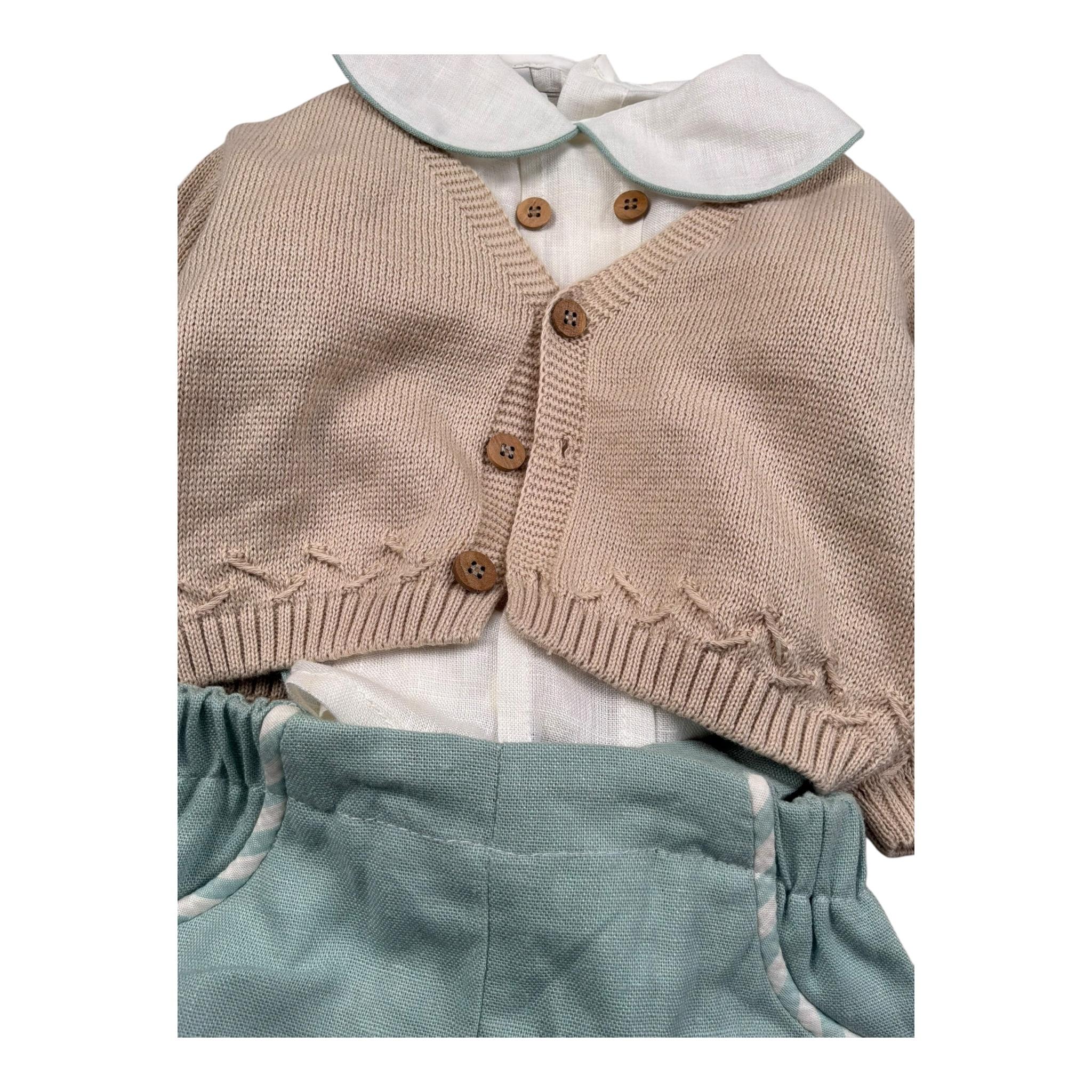 Marlu' Complet 3 Pezzi Camicia-Pagliaccetto-Cardigan per Neonato EM60560 BEIGE/VERDE MARLU' 