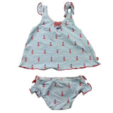 Cnd Costume 2 Pezzi Canotta-Slip Tinta Unita Con Fantasia E Rouches Azzurro Per Neonata