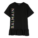 Balmain Abito Mezza Manica Tinta Unita Con Stampa Logo Nero Per Bambina