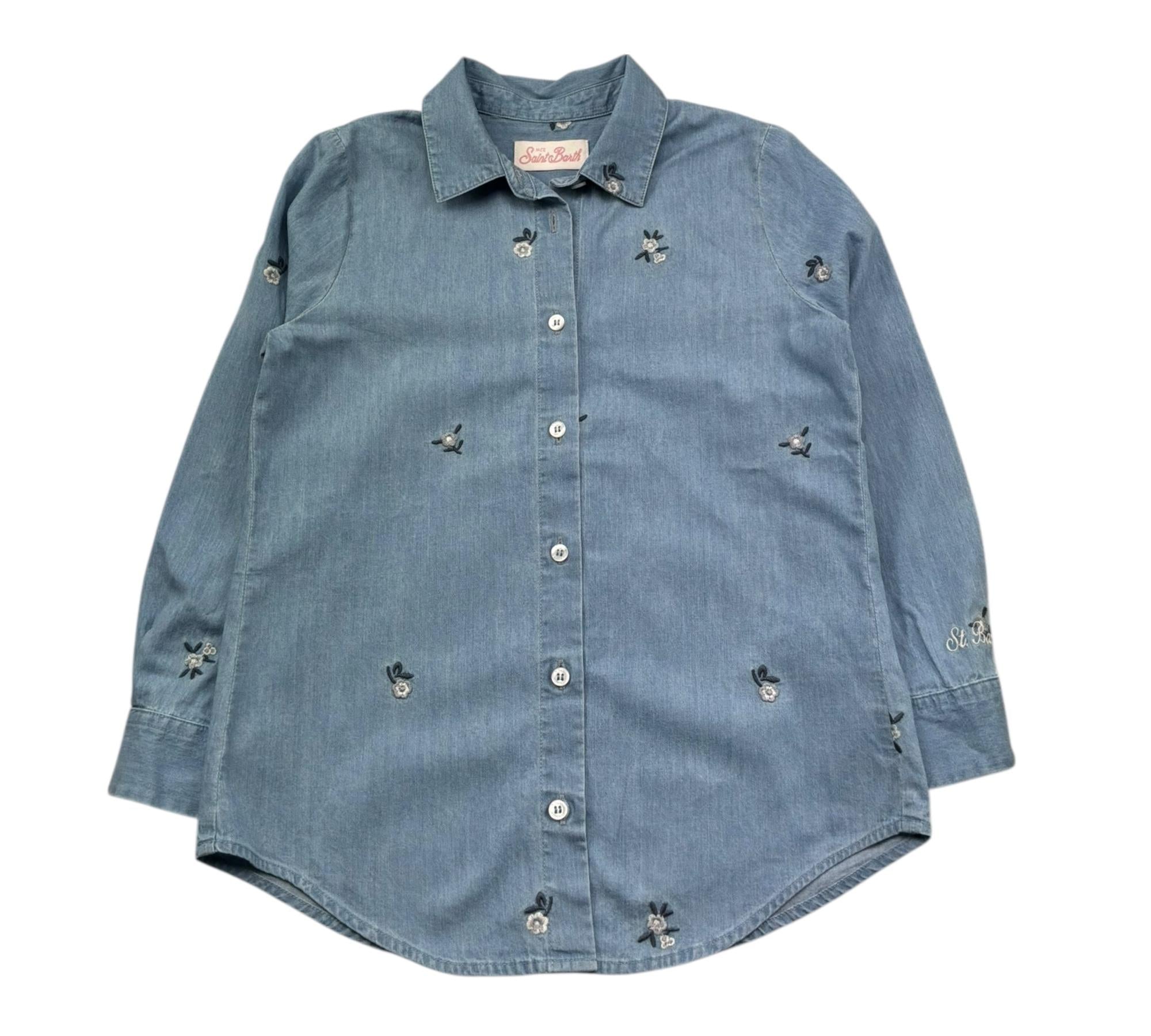Saint Barth Camicia Manica Lunga Tinta Unita con Ricami per Bambina BRIG AZZURRO SAINT BARTH 