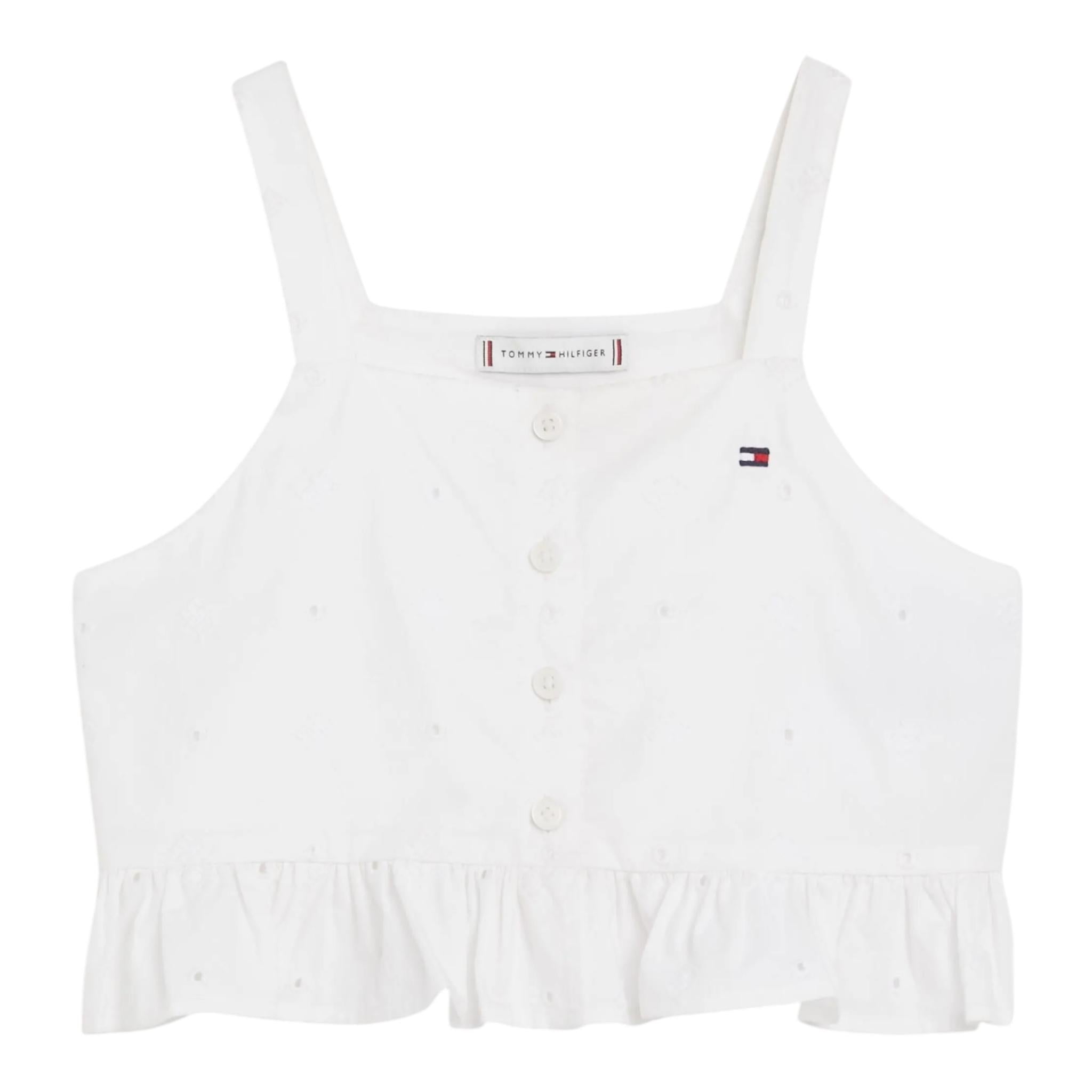 Tommy Hilfiger Top Giromanca Tinta Unita In Pizzo Sangallo per Bambina KG0KG07289 BIANCO TOMMY HILFIGER 