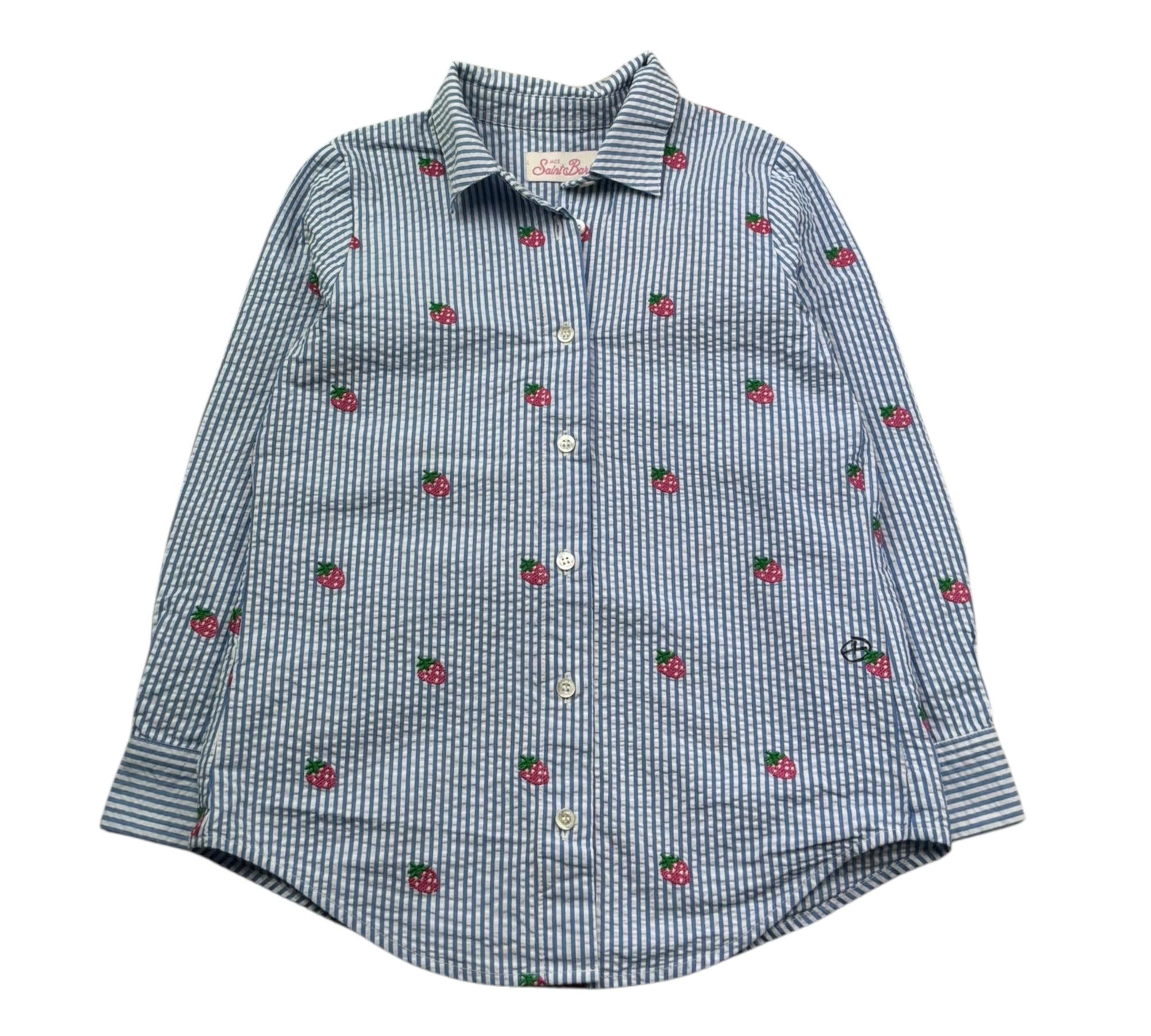 Saint Barth Camicia Manica Lunga Fantasia A Irghe E Ricami Fragole per Bambina MINIBRIGITTE BLU SAINT BARTH 