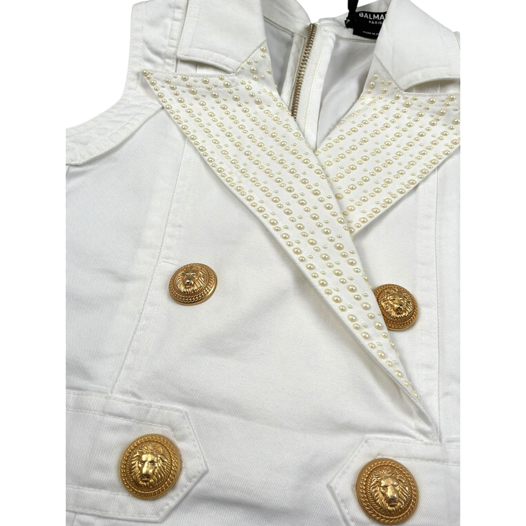 Balmain Abito Giromanica Tinta Unita con Applicazioni per Bambina BS1C12 BIANCO BALMAIN 