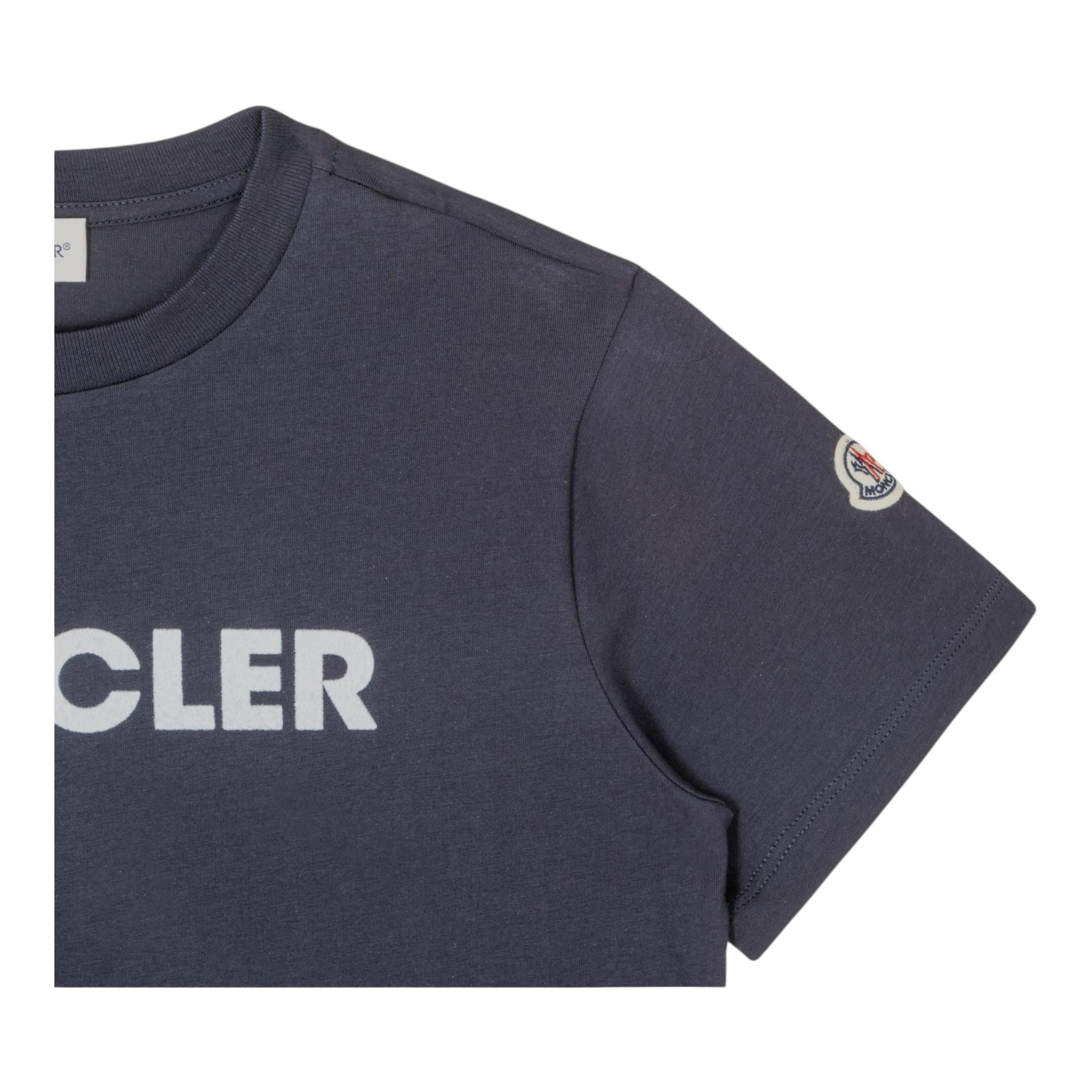 Moncler T-Shirt Girocollo Tinta Unita con Logo per Bambino 8C00003 BLU MONCLER 