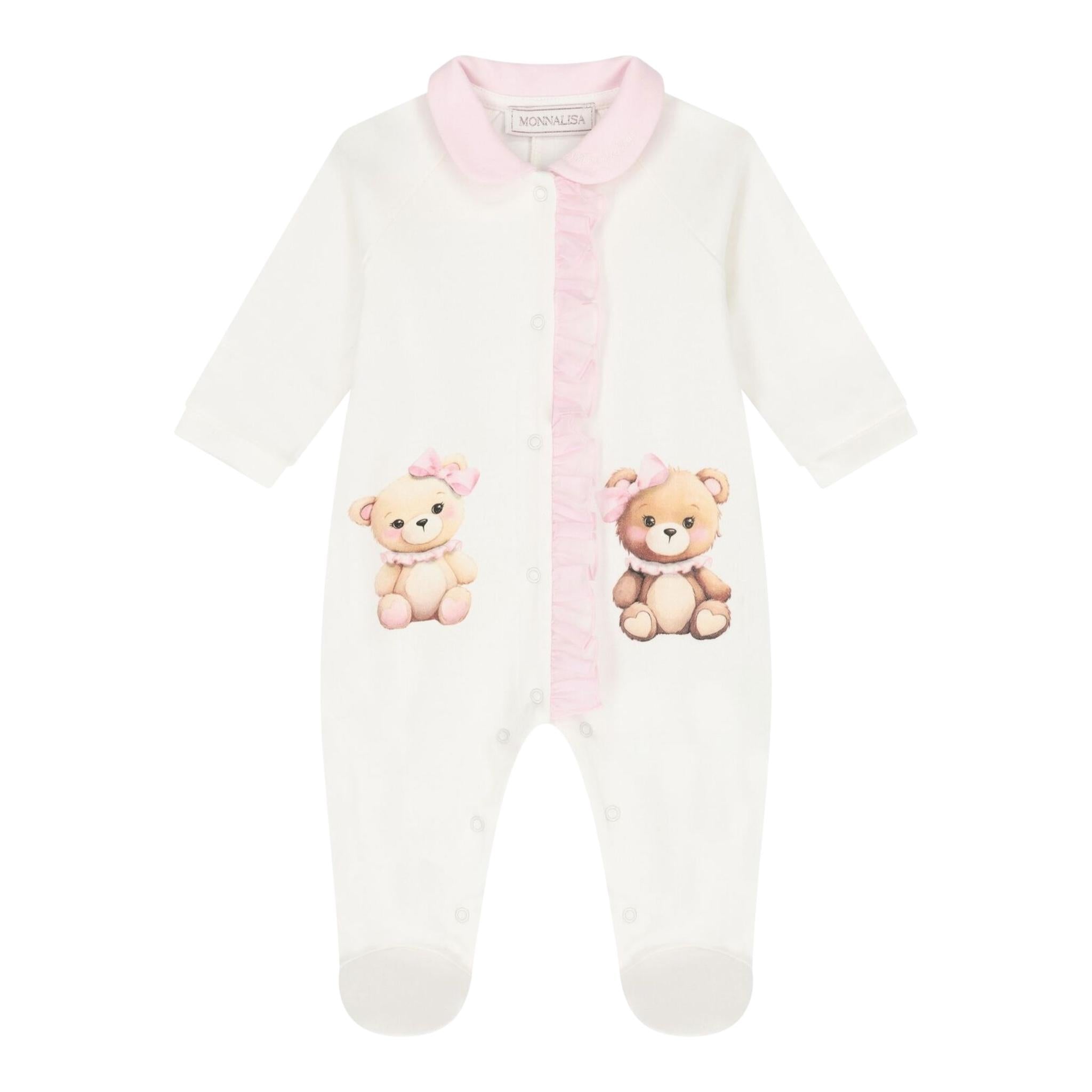 Monnalisa Set Tutina-Cappello-Bavetta Tinta Unita con Stampa per Neonata 35D506 BIANCO MONNALISA 