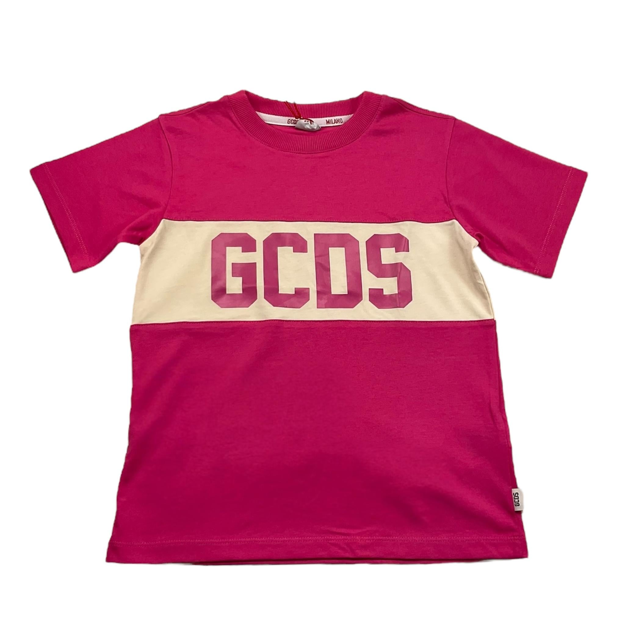 GCDS t-shirt girocollo tinta unita con stampa Fuxia per Bambina DOM005 FUXIA GCDS 