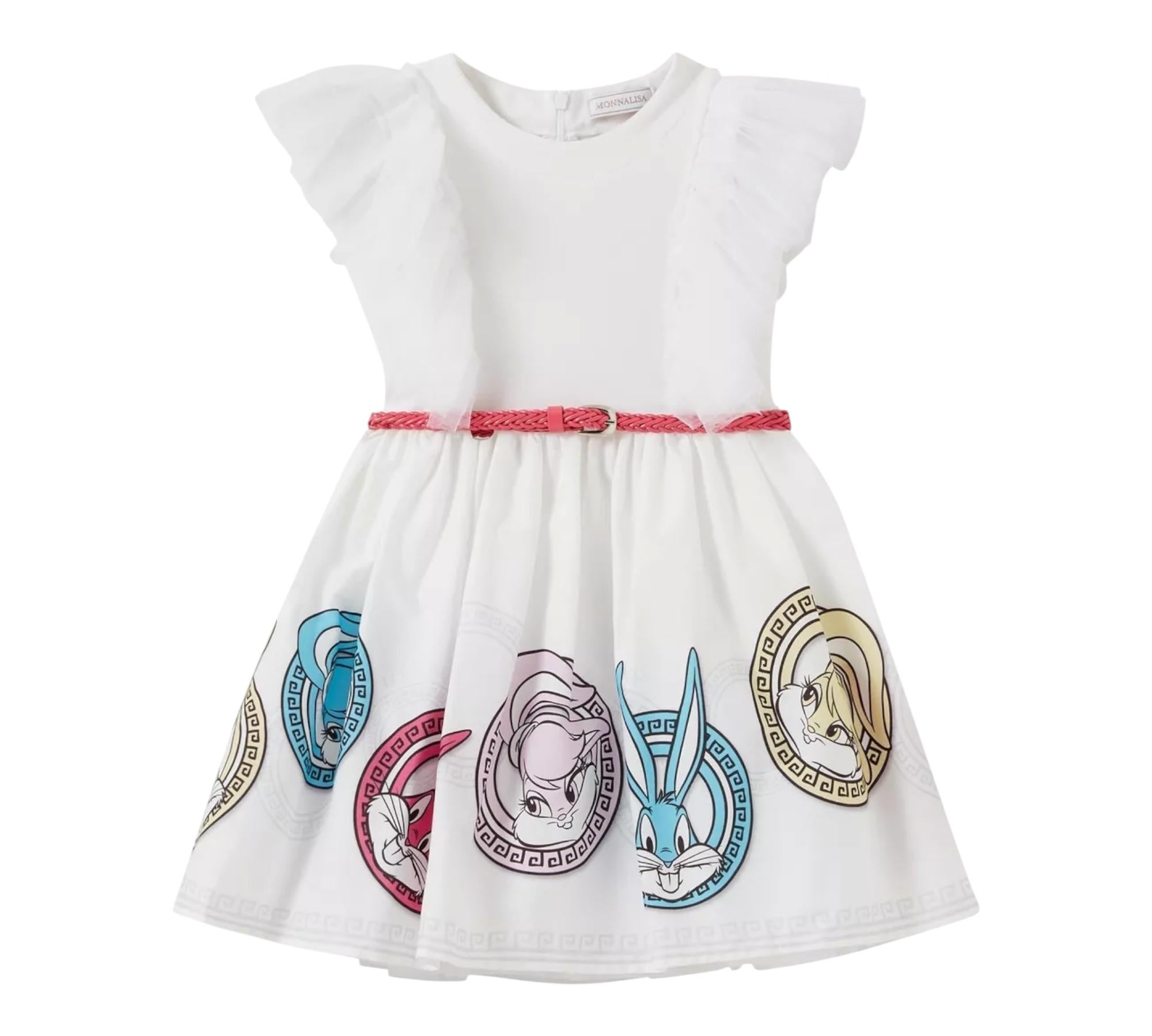 Monnalisa Abito Giromanica Tinta Unita con Tulle per Bambina 119917 BIANCO MONNALISA 
