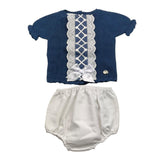 Juliana Completo T-Shirt In Maglia Bicolore-Coulotte Blu/Bianco Per Neonata