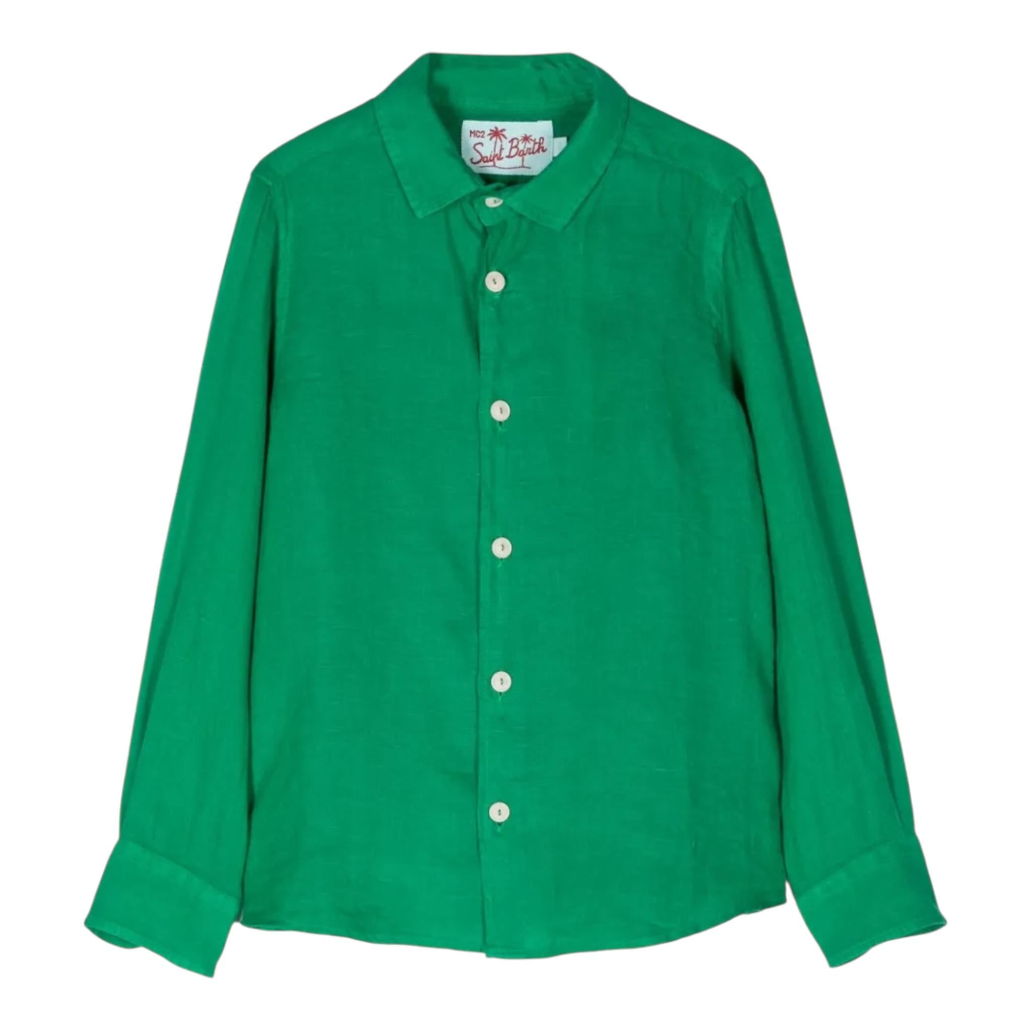 Saint Barth Camicia Manica Lunga Tinta Unita Collo Coreano per Bambino CMSNT VERDE SAINT BARTH 
