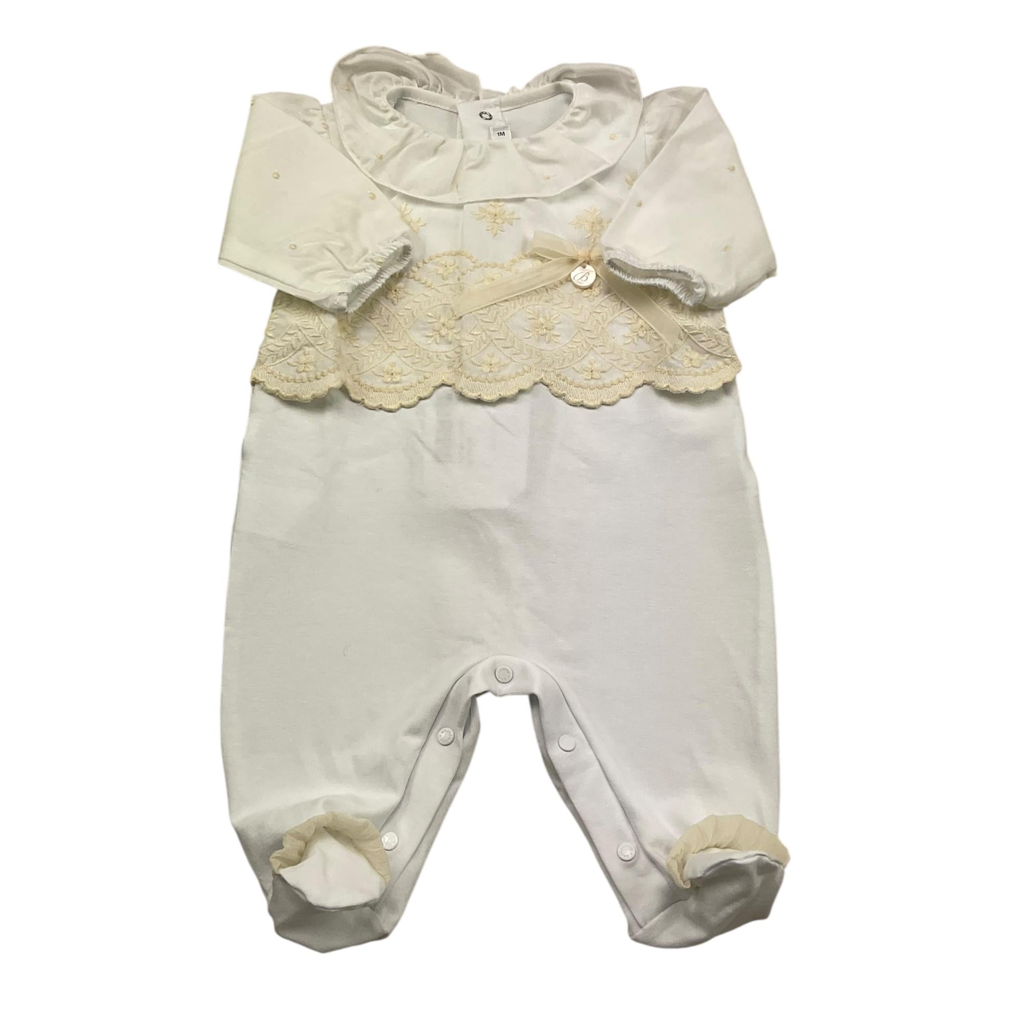 Barcellino Tutina Manica Lunga Tinta Unita con Ricami per Neonata 121201 BIANCO BARCELLINO 