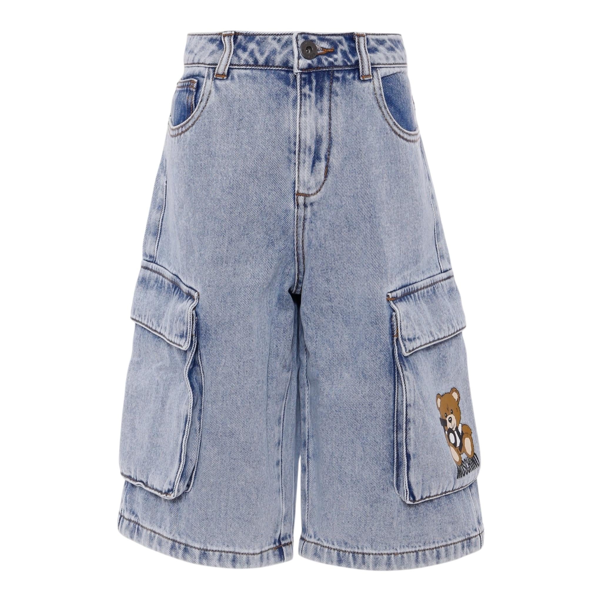 Moschino Bermuda Tinta Unita In Denim con Tasconi per Bambino HUQ023X AZZURRO MOSCHINO 