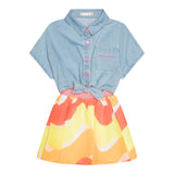 Billieblush Abito Tinta Unita con Gonnellone Multicolor E Denim Giromanica per Bambina U21023 AZZURRO BillIEBLUSH 