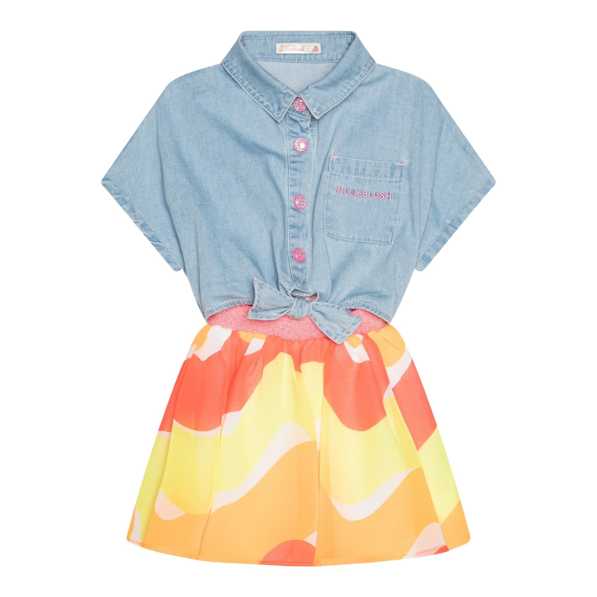 Billieblush Abito Tinta Unita con Gonnellone Multicolor E Denim Giromanica per Bambina U21023 AZZURRO BillIEBLUSH 