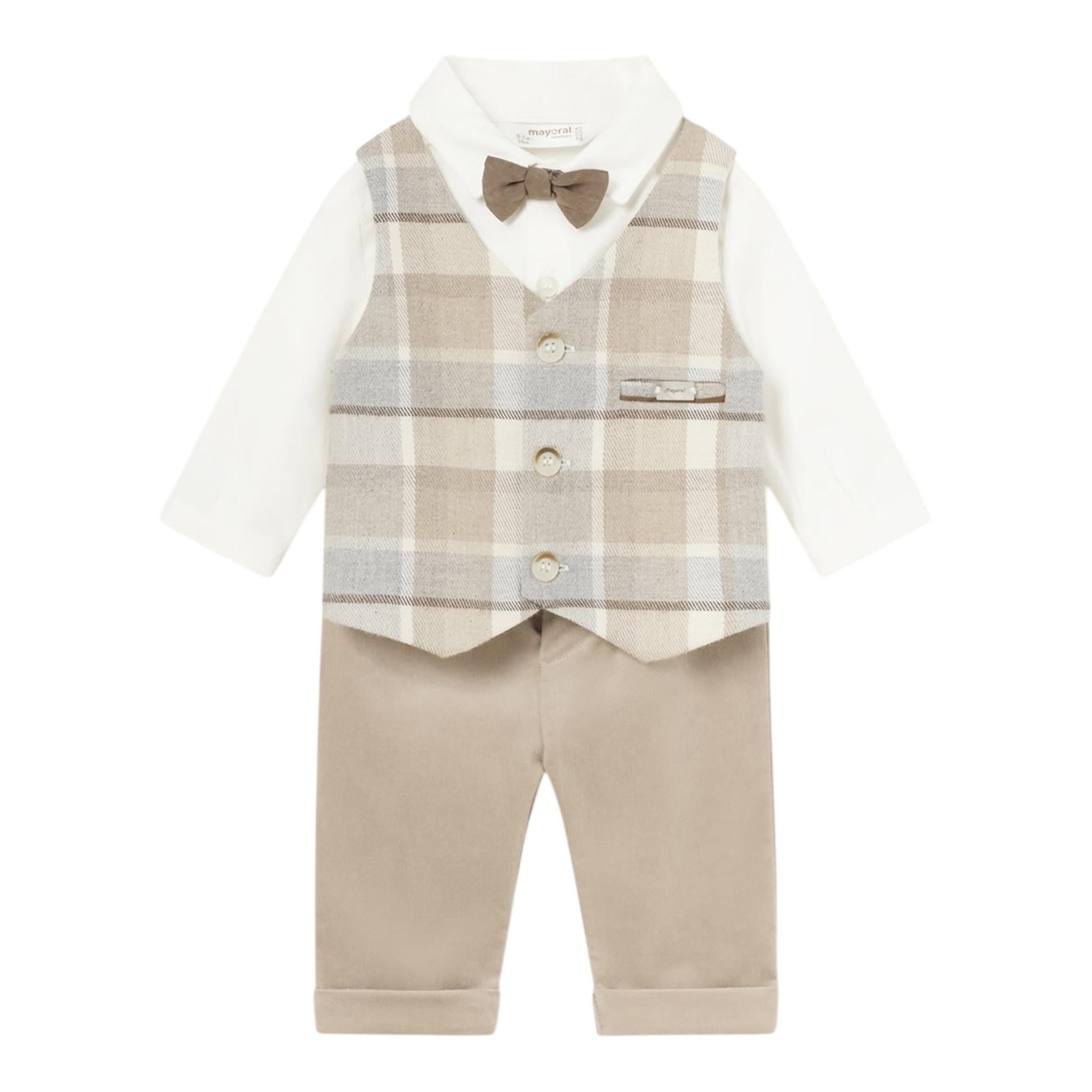 MAYORAL completo 3 pezzi camicia con finto gilet-pantalone-papillon Beige per Neonato 2527 BEIGE MAYORAL 