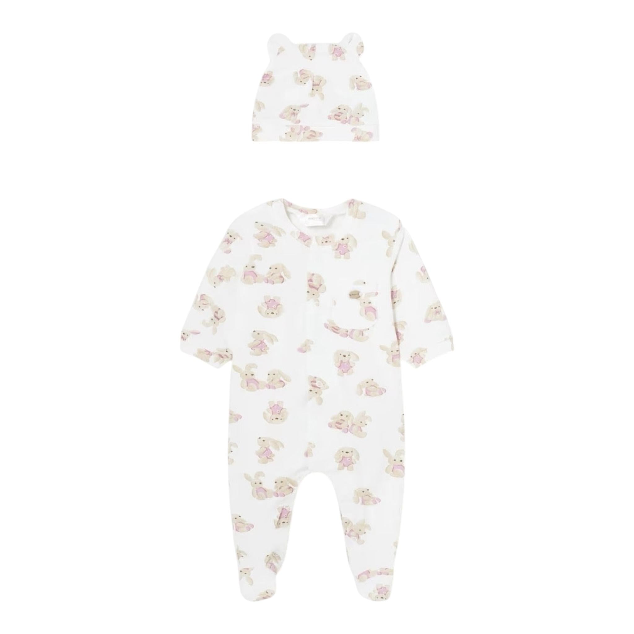 Mayoral Set Tutina Tinta Unita-Cappello con Stampa per Neonata 1721 BIANCO MAYORAL 