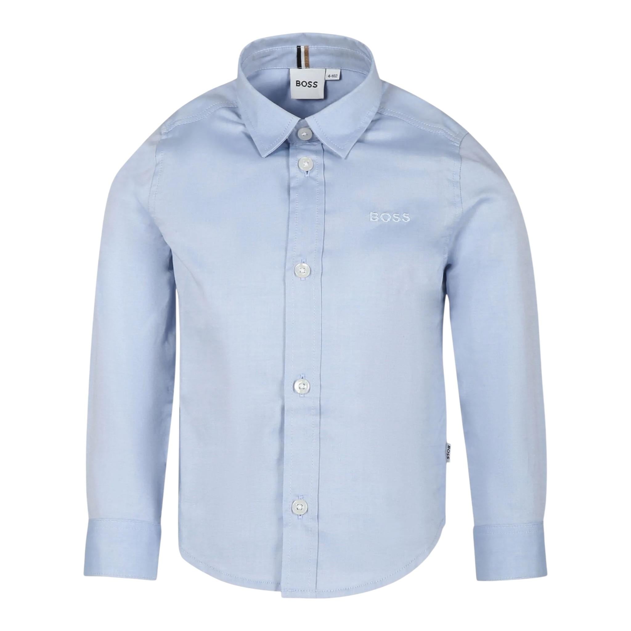 Boss Camicia Manica Lunga Tinta Unita con Logo per Bambino J52009 AZZURRO BOSS 