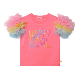 Billieblush T-Shirt Tinta Unita Con Tulle Rosa Fluo Per Bambina