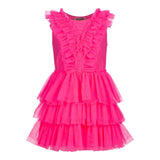 Aniye By Girl Abito Giromanica Tinta Unita Con Tulle Fuxia Fluo Per Bambina