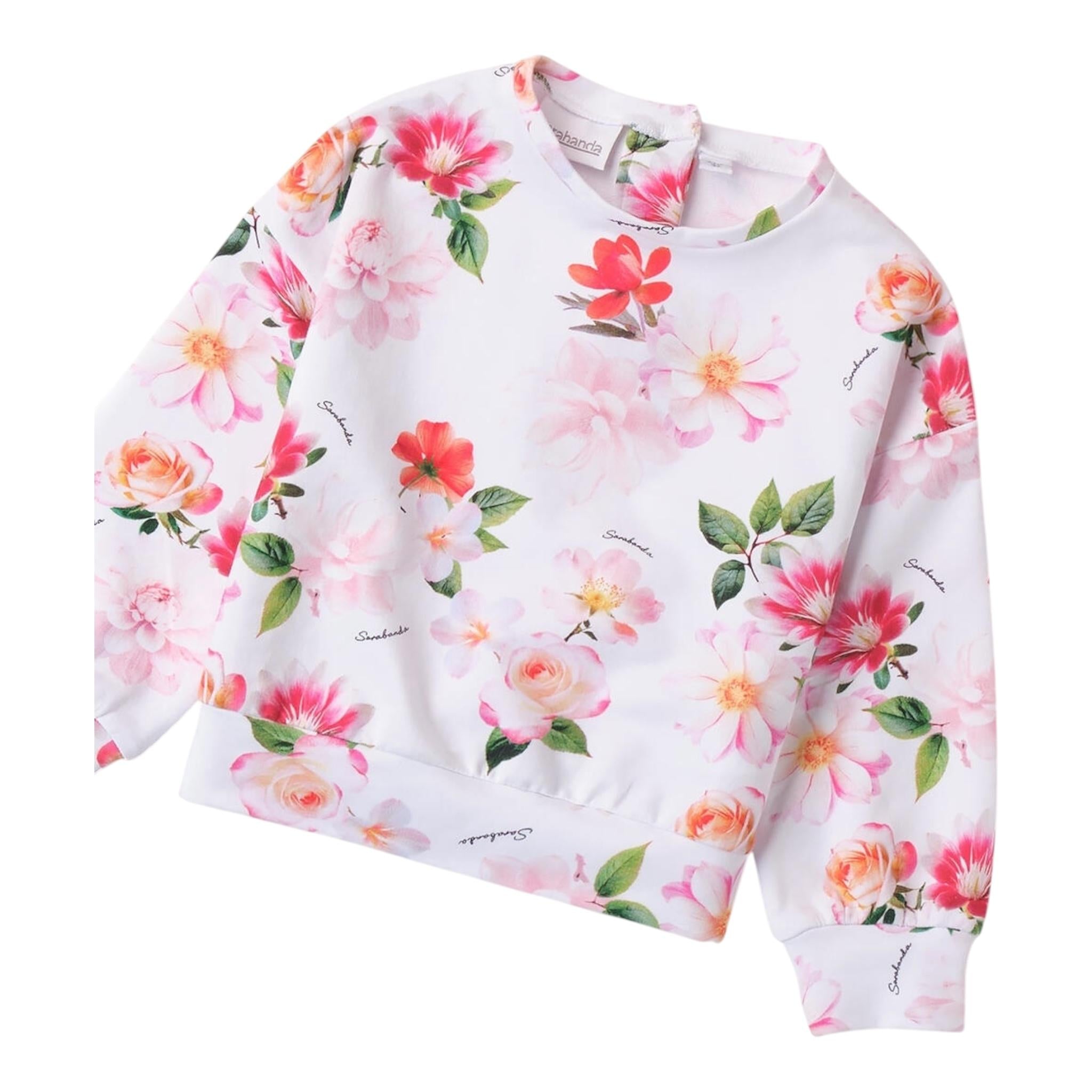 Sarabanda Felpa Girocollo Tinta Unita con Fantasia Fiori per Bambina 0B201 BIANCO SARABANDA 