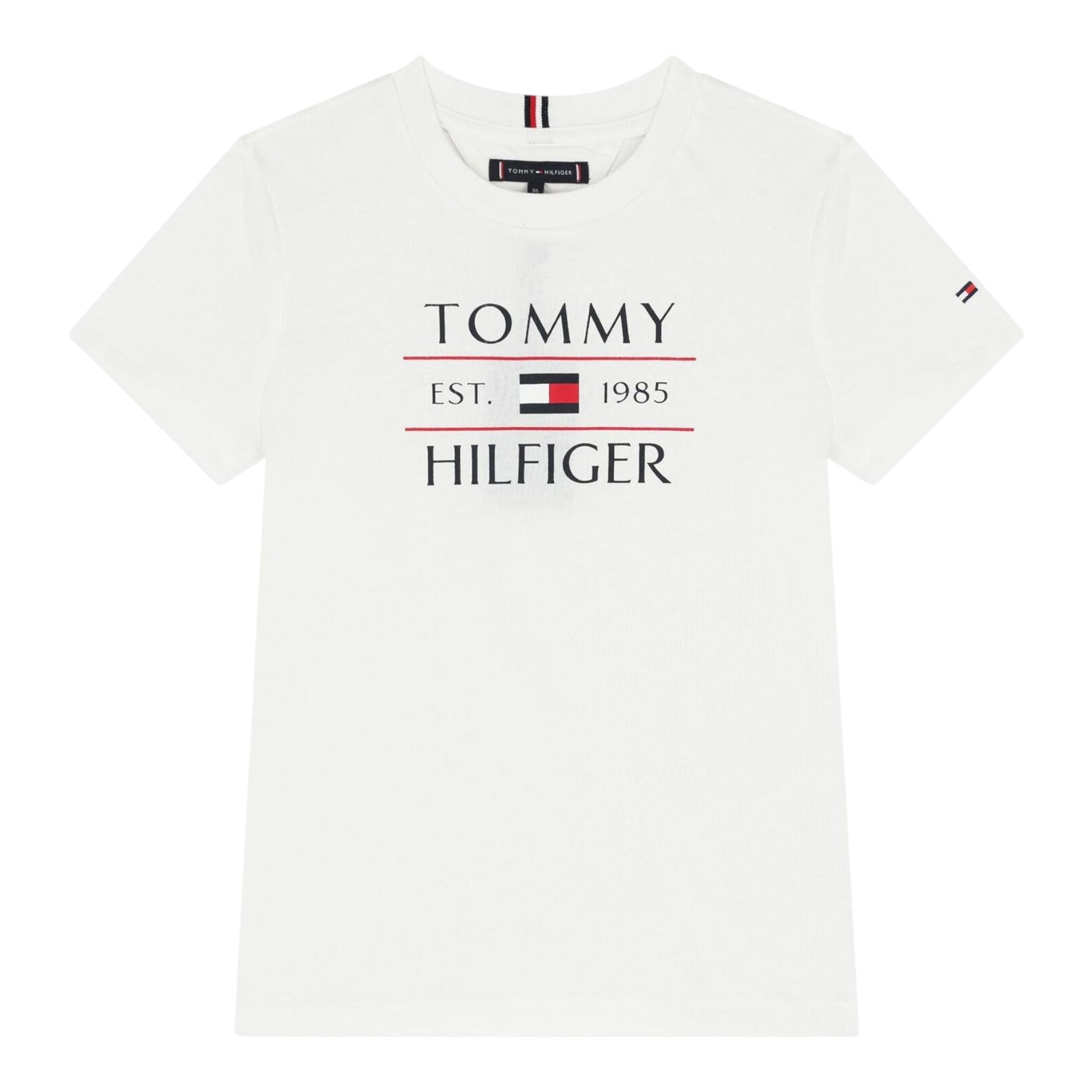 Tommy Hilfiger T-Shirt Girocollo Tinta Unita con Logo per Bambino KB0KB09538 BIANCO TOMMY HILFIGER 